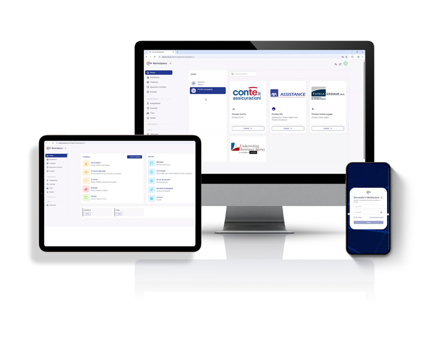 Piattaforma marketplace assicurativo visualizzata su desktop, tablet e smartphone